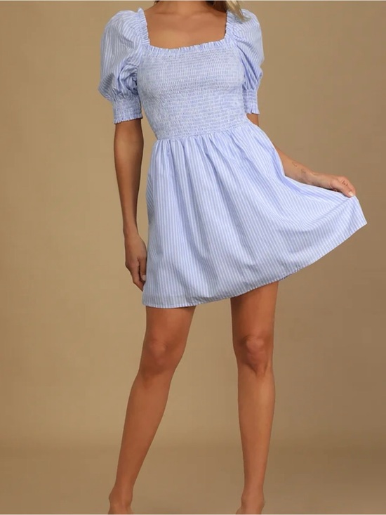 Lulus Dresses & Skirts - NWT Seaside Soiree Blue Striped Smocked Puff Sleeve Skater Dress Medium